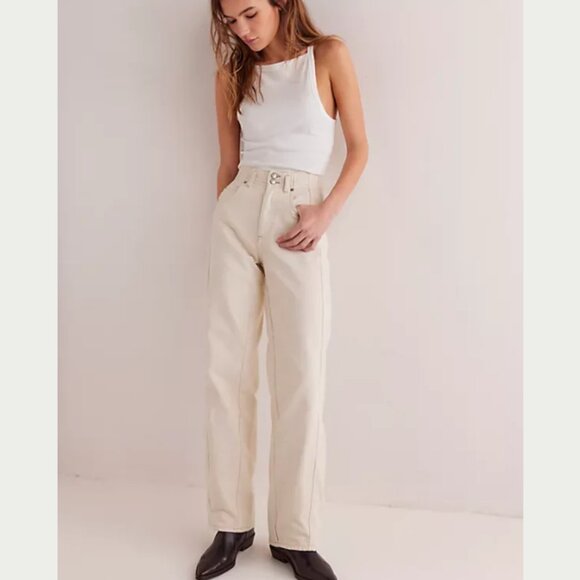 new Free People Aster High Rise Rigid Relaxed Straight Leg Jeans in Cream 256 4S - Picture 1 of 12